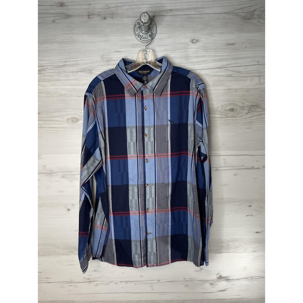 Rocawear Shirt Mens XL Blue Red Plaid Button Front Long Sleeve Streetwear